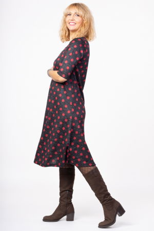 Rochie `A line` midi, imprimeu buline rosii pe fond negru [1]