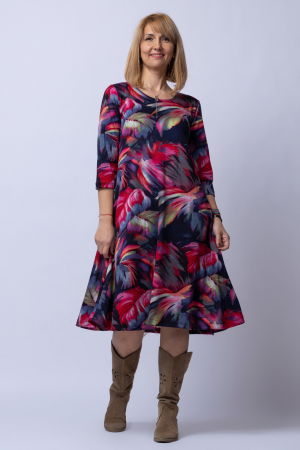 Rochie `A line` midi, imprimeu predominant in nuante de bleumarin-rosu, din vascoza [1]