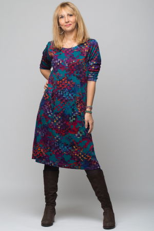 Rochii - Rochie `A line` midi, imprimeu predominant in nuante de turquoise, din vascoza