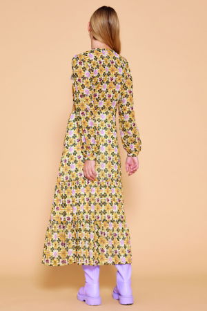 Rochie lunga cu imprimeu floral galben sofran-verde olive [1]