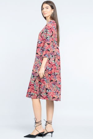 Rochie `A line` midi, imprimeu vegetal predominant rosu [1]