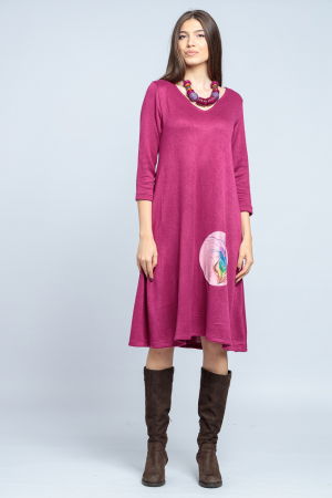 Rochie `A line` midi, din jerseu moale cu aplicatie pana, mov zmeura [1]