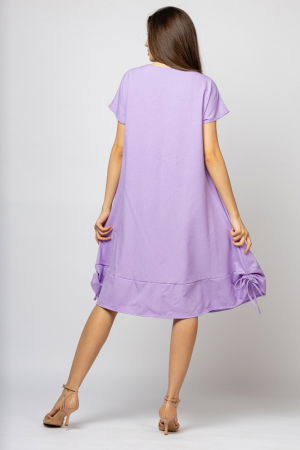 Rochie `A line` din in mercerizat, lila, cu sireturi laterale si imprimeu fluture cu flori [2]