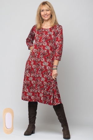 Rochie `A line` midi, rosie cu imprimeu puncte, din jerseu de vascoza [5]