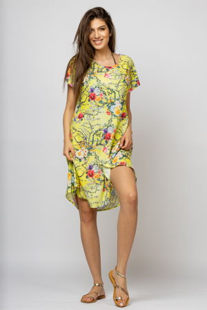 Rochie `A line` midi, silky, cu imprimeu floral pe fundal galben [1]