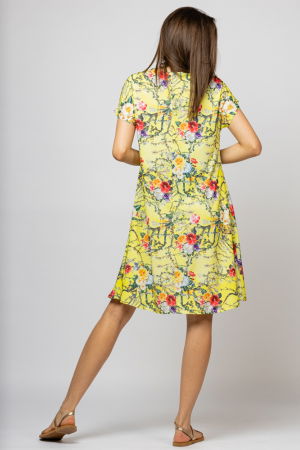 Rochie `A line` midi, silky, cu imprimeu floral pe fundal galben [2]
