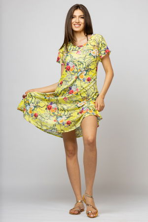 Rochii - Rochie `A line` midi, silky, cu imprimeu floral pe fundal galben