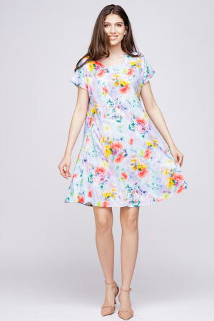 Îmbrăcăminte - Rochie `A line` midi, silky, cu imprimeu floral pe fundal turcoaz