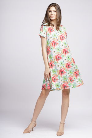Rochie `A line` midi, silky, cu imprimeu floral rosu si verde [1]