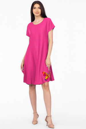 Rochii din In - Rochie `A line` magenta din in mercerizat usor creponat, cu imprimeu fluture multicolor