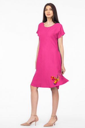 Rochie `A line` magenta din in mercerizat usor creponat, cu imprimeu fluture multicolor [1]