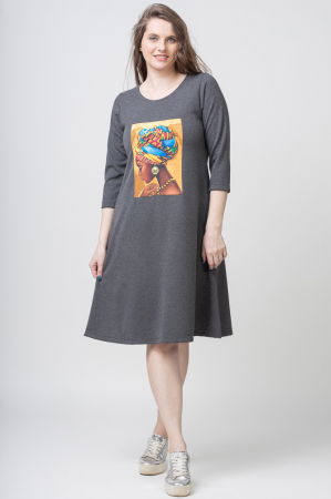 Rochii masuri mari - Rochie `A line` gri din jerseu, cu panou "Fata Africana"