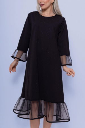 ÎMBRĂCĂMINTE - Rochie A-line neagra cu strasuri fine, midi, cu volane din tull la maneci si poale