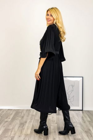 Rochie A-line neagra, plisata cu maneca clopot si cordon [2]