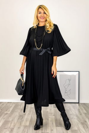 Rochii - Rochie A-line neagra, plisata cu maneca clopot si cordon