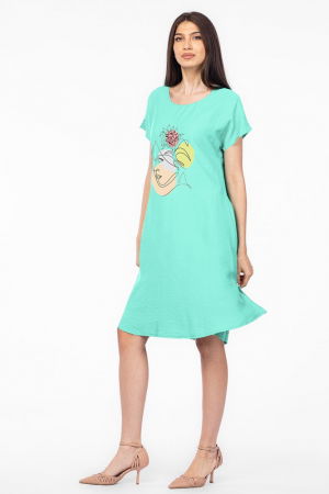 Rochie `A line` verde menta din in mercerizat, cu imprimeu grafic chip [1]