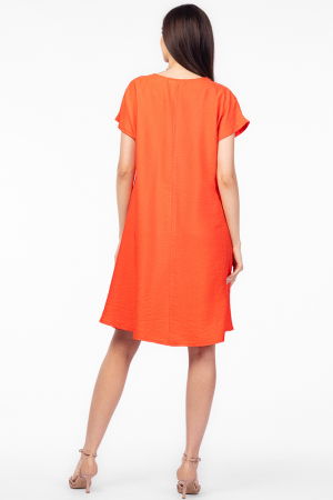 Rochie `A line` corai din in mercerizat, cu imprimeu grafic chip [2]