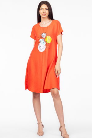 Rochii masuri mari - Rochie `A line` corai din in mercerizat, cu imprimeu grafic chip