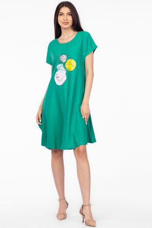 Rochii din Vâscoză - Rochie `A line` verde din in mercerizat, cu imprimeu grafic chip