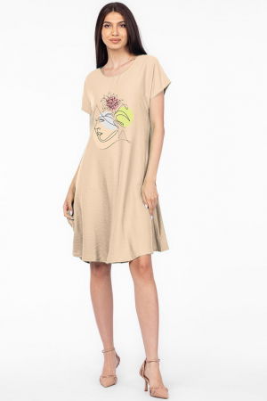 Rochii masuri mari - Rochie `A line` bej din in mercerizat, cu imprimeu grafic chip