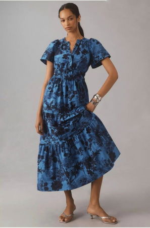 Rochii Casual - Rochie din poplin de bumbac, cu elastic in talie si volane, albastru cu bleumarin