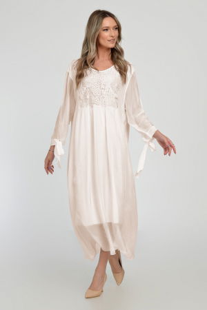 Rochii Elegante & Office - Rochie bej lunga, din matase si vascoza cu platca din dantela pe fata si pe spate