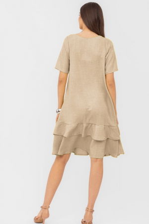 Rochie bej `A line` midi, cu doua volane poale, din in mercerizat [2]