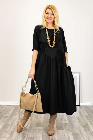 Rochii Casual - Rochie neagra cu taietura oblica si broderie, din poplin si jerseu, oversize