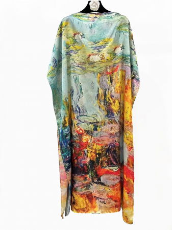 Rochii de Plajă tip Poncho - Rochie de plaja lunga tip poncho din matase cu reproducere dupa o pictura impresionista