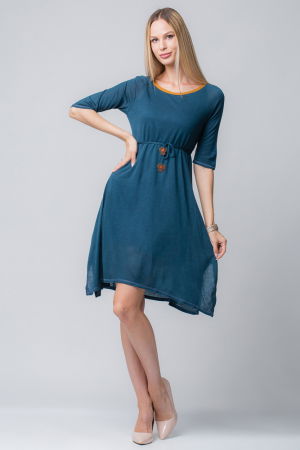 Rochii Tricotate & Sezon Rece - Rochie albastra din jerse cu floricele din piele pe cordon