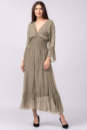 ÎMBRĂCĂMINTE - Rochie bej inchis din matase si vascoza cu banda elastica in talie si volane