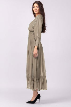 Rochie bej inchis din matase si vascoza cu banda elastica in talie si volane [1]