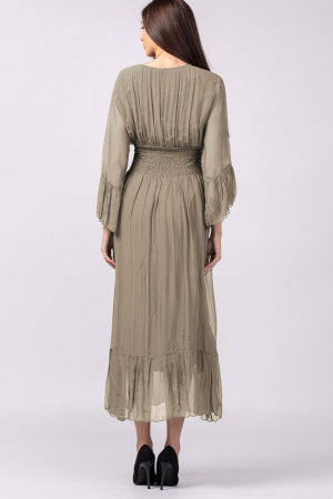 Rochie bej inchis din matase si vascoza cu banda elastica in talie si volane [2]