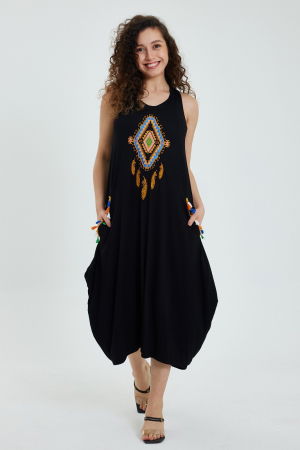 PLAJĂ SI VACANȚĂ - Rochie neagra fara maneci, cu broderie, din tricot de vascoza