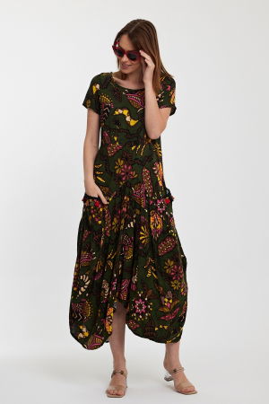 Rochie kaki, lalea, in colturi, cu imprimeu, din vascoza [4]