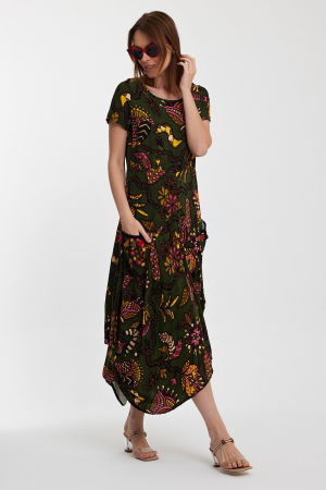 Rochie kaki, lalea, in colturi, cu imprimeu, din vascoza [5]