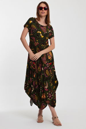 Rochie kaki, lalea, in colturi, cu imprimeu, din vascoza [3]