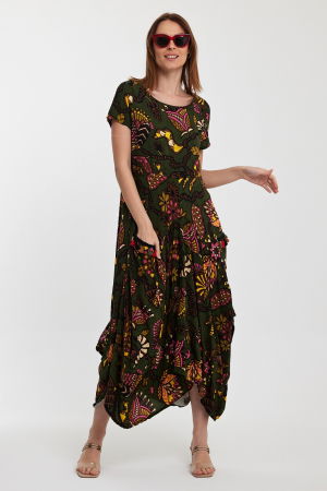 Rochie kaki, lalea, in colturi, cu imprimeu, din vascoza [1]