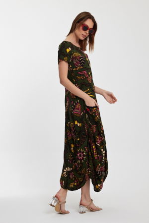 Rochie kaki, lalea, in colturi, cu imprimeu, din vascoza [6]