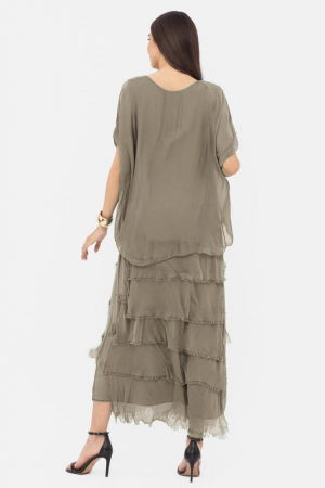 Rochie bej inchis din matase si vascoza cu  volane franjurate suprapuse [2]