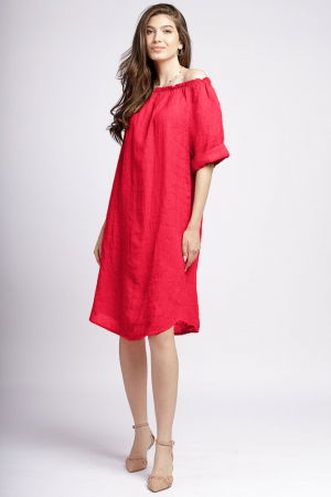 Rochie midi din in fucsia inchis, cu decolteu pe elastic [1]