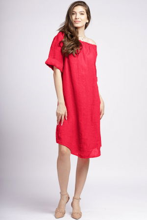 Rochii masuri mari - Rochie midi din in fucsia inchis, cu decolteu pe elastic