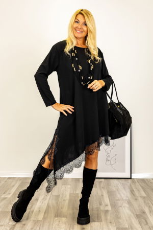 Rochii Elegante & Office - Rochie asimetrica, in colt, neagra cu dantela