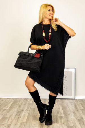 Rochie neagra asimetrica midi cu dantela si maneca scurta [2]