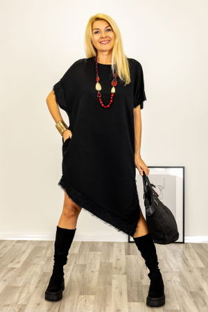 Rochie neagra asimetrica midi cu dantela si maneca scurta [1]