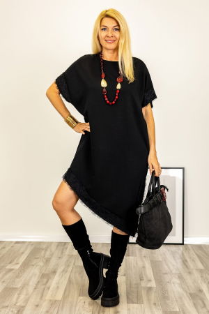 Rochii din Jerseu - Rochie neagra asimetrica midi cu dantela si maneca scurta