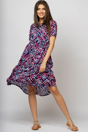 Rochie babydoll midi, cu imprimeu geometric pe fond mov - bleumarin Rochii de Vară - Rochie babydoll midi, cu imprimeu geometric pe fond mov - bleumarin