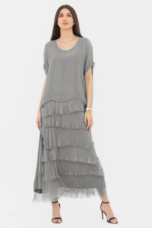 Rochie gri din matase si vascoza cu  volane franjurate suprapuse [1]