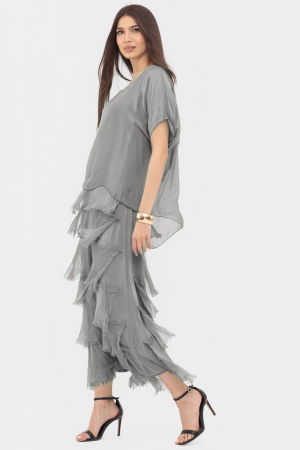 Rochii Elegante & Office - Rochie gri din matase si vascoza cu  volane franjurate suprapuse