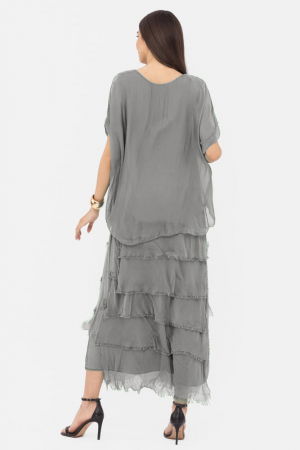 Rochie gri din matase si vascoza cu  volane franjurate suprapuse [2]